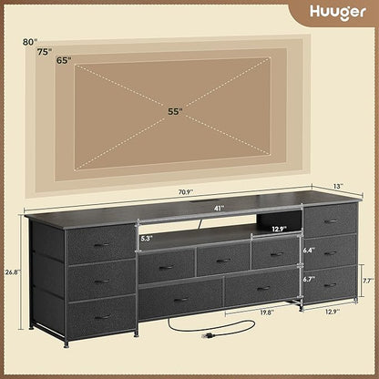 Huuger 70 Inch TV Stand for 75, 80 Inch TV, 11 Drawer Long Dresser with Power Outlets and LED Lights, Entertainment Center with Storage, Black Dresser with PU Leather Surface, 1TS011B