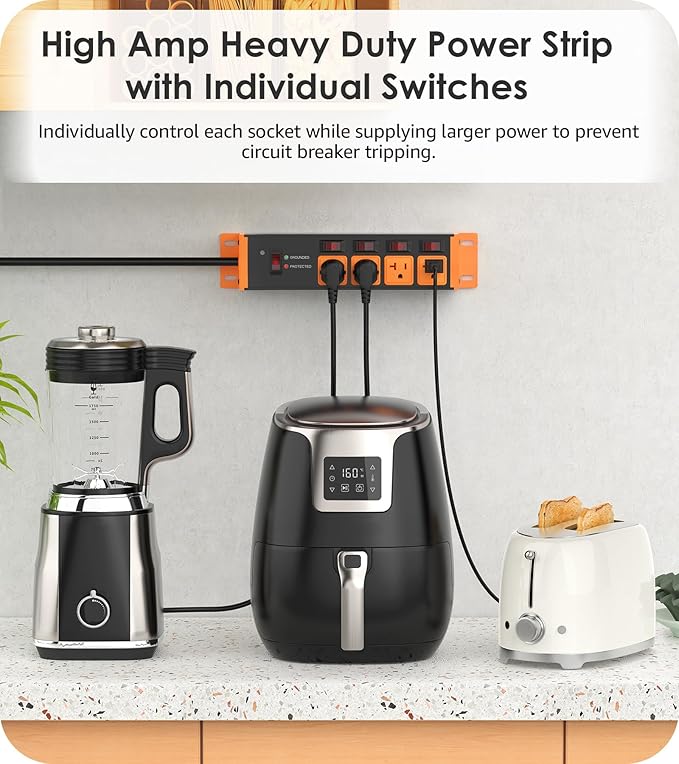 CCCEI Heavy Duty Surge Protector Power Strip 20 Amp Individual Switches. 15FT 12 Gauge Extension Cord with Multiple Outlets. Kitchen, Garage, Shop, Industrial Wall Mount Electric Extender, Orange.