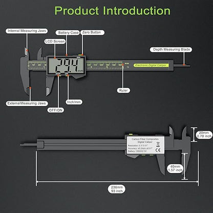 Digital Calipers, Caliper Measuring Tool with Large LCD Screen, Plastics Micrometer Caliper Digital, Auto-Off Feature, Screen Splash Proof, Switch from Inch Metric (6Inch/150mm)
