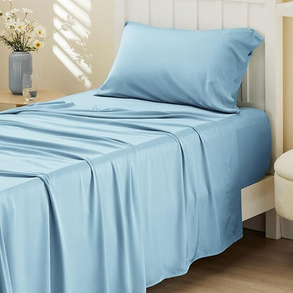 Bedsure Cooling Sheets Twin, Rayon Derived from Bamboo, Breathable & Soft Twin Sheets Set, Deep Pocket Up to 16 Inches, Hotel Luxury Silky Bedding for Hot Sleepers, Aqua