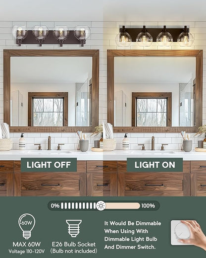 METWET Bathroom Light Fixtures Over Mirror, 4-Light Oil Rubbed Bronze Bathroom Vanity Light with Globe Clear Glass Shade, 26 Inch Modern Sconces Wall Lighting, VL195-ORB-4