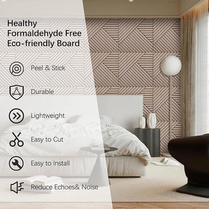 ARMURO 4 Packs Acoustic Wall Panels - Self-Adhesive 3D Wood Slat Wall Panel- Peel and Stick Sound Absorbing Panels for Noise Reducing - Feature Wall Decor for Home & Office