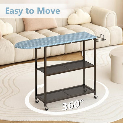 GILLAS Ironing Board with 2 Tier Storage Basket, Movable Ironing Board Full Size for Iron Rest & Clothes, Tabletop Ironing Boards, Ironing Stand Iron Boards Ironing Table Rustic Blue