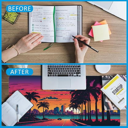 EOBKLAX Mouse Pad,Orange Purple Miami Landscape Desk Mat for Desktop,Desk Pad with Non-Slip Base and Stitched Edge,Extended Mousepad for Office and Home 35.4X15.7 Inch