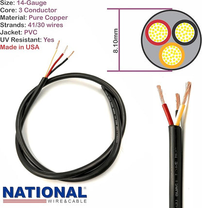 NATIONAL Wire & Cable – 14 AWG 3-Conductor Premium Copper Wire, 250 ft, Stranded | Made in USA, Heavy-Duty Flexible Jacket | Automotive, Low Voltage, LED, Lights, DIY, Indoor and Outdoor Use