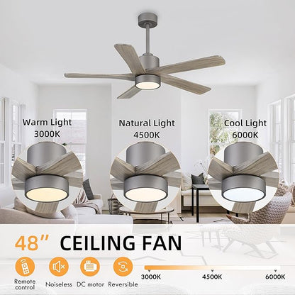 WINGBO 48 Inch DC Ceiling Fan with Lights and Remote Control, 5 Carved Solid Wood Blades, 6-Speed Noiseless Reversible DC Motor, Indoor Ceiling Fan in Graphite Finish with Gray Blades