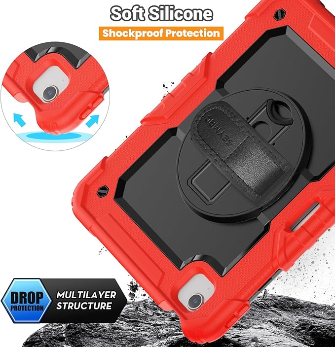 SEYMAC for iPad Air 5th/4th Generation Case 10.9 Inch, Full-Body Heavy Duty Protective Case with Rotating Stand, Screen Protector and Hand/Shoulder Strap for Air 5/ Air 4, Red