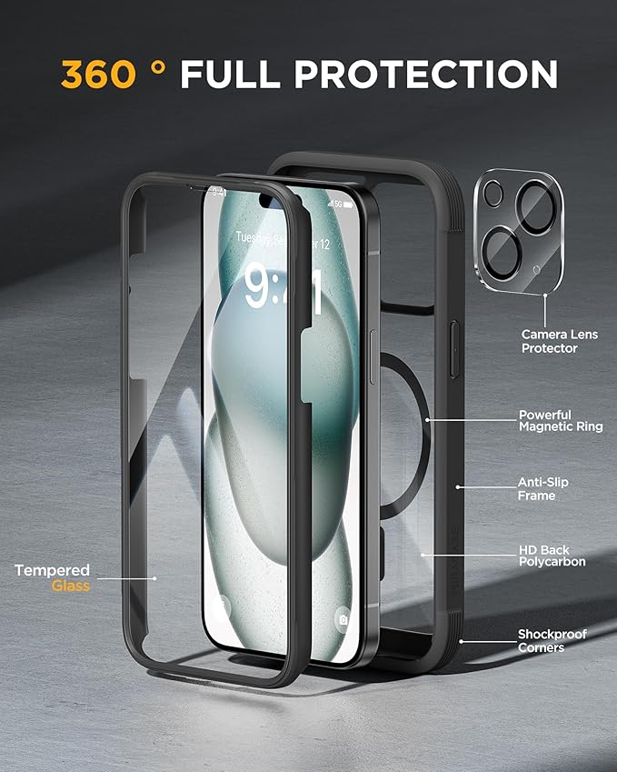 Miracase Glass Series for iPhone 15 Case [Compatible with MagSafe] Full-Body Magnetic Bumper Case with Built-in 9H Tempered Glass Anti-Fingerprint Screen Protector + Camera Lens Protector, Black