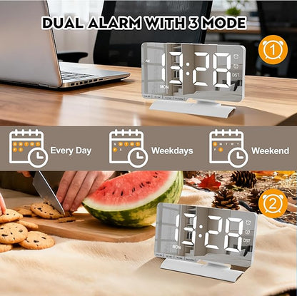 SZELAM Digital Clock,Alarm Clock Bedside,7.3'' Large LED Mirror with Date Display,Dual Alarm with 3 Mode,Brightnee Adjust,DST,Snooze Function,USB C Charging Port,5 Levels Volume for Desk Bedroom Teens