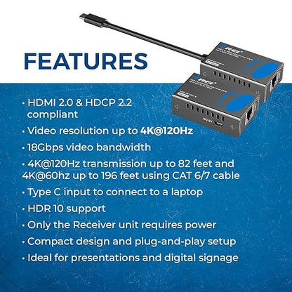 OREI 4K 120Hz USB-C to HDMI Over Cat6/7 Ethernet Extender, 4K, Up to 80ft with HDR & Audio Over Ethernet - Perfect for Extending Your Laptop, Presentation, Meeting Rooms