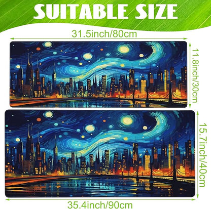 Eflxamz Desk Pad,City Starry Night Desk Mat,Abstract Oil Painting Large Gaming Mouse Pad for Desk,Extended Big Computer Keyboard Mouse Pad with Non-Slip Base and Stitched Edge,35.4"x15.7"