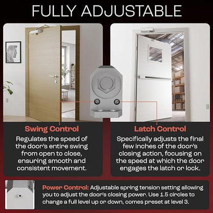 PrimeWare DC-600 Automatic Adjustable Door Closers for Home | Soft Close, No Slam | Residential and Commercial Door Closer | Level 1-6 | for Doors Weighing 30-300 lbs | Hydraulic Door Spring - Nickel