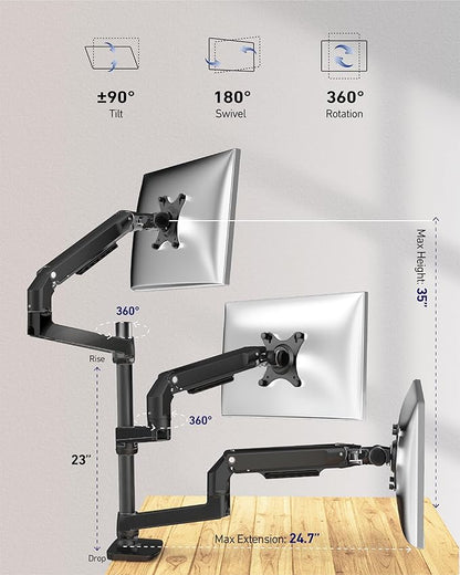 Ergounion Triple Monitor Mount, Holds Screens up to 40 Inches and 25 lbs, Fully Adjustable 3 Monitor Desk Mount with C-Clamp and Grommet Base, Aluminum, Black
