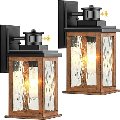 VIANIS 2 Packs Dusk to Dawn Outdoor Lighting for House, Wood Grain Motion Sensor Outdoor Lights Fixture, Garage Light Sconce Wall Mount, Lantern with Waterproof, Anti-Rust 100%, Weather Resistant