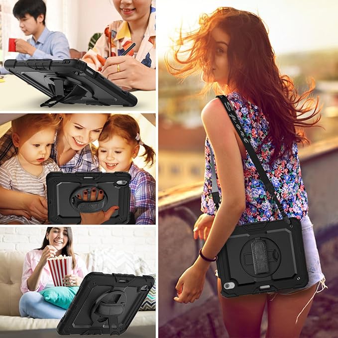 HXCASEAC Case for iPad Air 11 inch (2025 M3 / 2024 M2), Shockproof Design with Pencil Holder/Screen Protector/Rotating Hand Strap, Protective Cover for iPad Air 7th/6th Generation - Black
