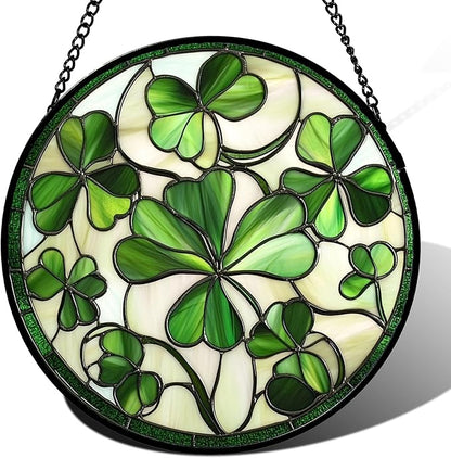 CRISGIF Stained Glass Window Hanging - Ireland Green Lucky Clover Suncatcher for Doors Garden St. Patrick's Day Sun Catchers Decor Mother's Day Birthday for Women Men Mom Nana 9.8 in