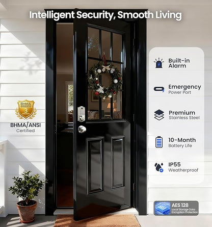 Veise VE017-K Fingerprint Smart Lock with 2 Knobs, App Control, Keyless Entry Front Door Lock with Handle Set, Electronic Digital Touchscreen Keypad Deadbolt, IP55 Waterproof, Auto-Lock, Satin Nickel