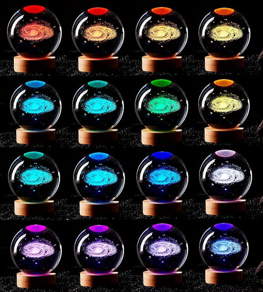 Conalisk 3D Galaxy Crystal Ball Lamp,3.15 Inch K9 Crystal Ball Night Light with Wooden Base,16 Colors Changing Light with Dimmable Remote Control,3D Laser Engraving Holographic Lamp (Galaxy)