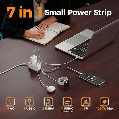 TESSAN Small Flat Plug Power Strip with 1 PD20W Retractable USB C Cable, 5 ft Ultra Thin Extension Cord with 3 AC Outlets 3 USB Ports, 5 ft Slim Plug for Cruise Ship Travel, Dorm, Home Office