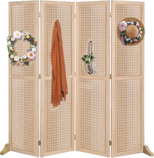 Bonnlo 4 Panel Pegboard Freestanding, 5 FT Portable Display Board Organizer for Craft Show Jewelry, Wooden Folding Privacy Screen Room Divider (with Base, Natural)