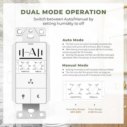 Akicon Humidity Sensor Switch with Motion-Activated Wall Plate, Bathroom Fan Timer Switch for Ventilation, Adjustable Humidity Settings, Fan and Light Control, ETL Listed, White