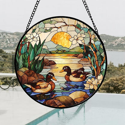 AMDERVEN Stained Glass Window Hanging, Ducks in The Pond Sun Catcher for Door Home Decor Landscape Plant Suncatcher Christmas Mother's Day Birthday Gifts for Women Men Mom Nana 9.8 in