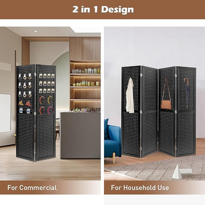 ECOMEX 4 Panel Room Divider, 5.6Ft Pegboard Display Wooden Room Divider Folding Privacy Screen Room Divider Freestanding Peg Board Display for Trade Show Craft Show Home Wall Organizer, Classic Black