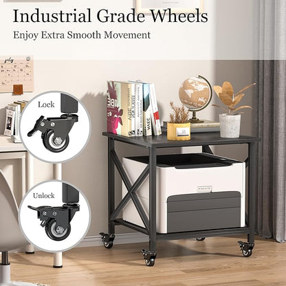 TQQDCI Printer Stand, 23.6 x 23.6 Inches Large Printer Stand with Storage Shelf, 2 Tier Printer Table for Home Office, Rolling Printer Cart with Industrial Wheels, Mini Fridge Stand Table, Black