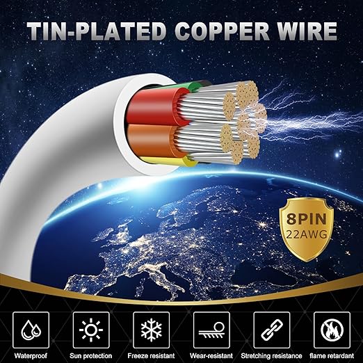 22 Gauge 8 Conductor Electrical Wire, 32.8FT White Stranded Low Voltage 22/8 PVC Case, 22 AWG Tinned Copper 8 Wire Extension Power for Strips LED Lamp Lighting