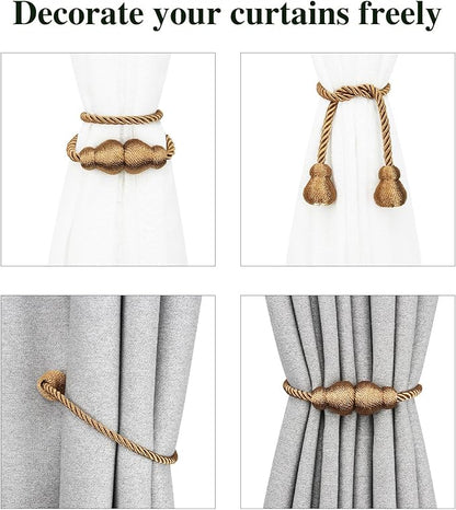 Nieffeiy Magnetic Curtain Tiebacks Outdoor Curtain Tie Backs Rope Decorative Magnetic Curtain Holders for Drapes Window Treatment Holdbacks, Khaki 4Pack