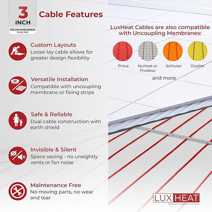 LuxHeat 180sqft Floor Heating Cable Kit - 240v Heated Bathroom Floor Kit - Heated Flooring System Includes UDG4 Programmable Thermostat w/GFCI, Heating Cable, Strapping, Flooring Sensor & Alarm