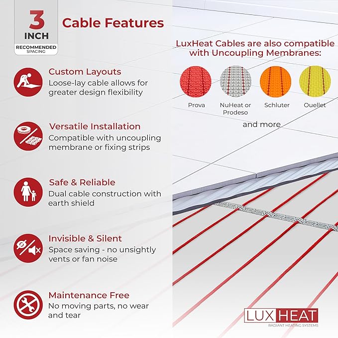 LuxHeat 160sqft Floor Heating Cable Kit - 240v Under Tile Floor Heater Kit - Heated Flooring System Includes UDG4 Programmable Thermostat w/GFCI, Heating Cable, Strapping, Flooring Sensor & Alarm