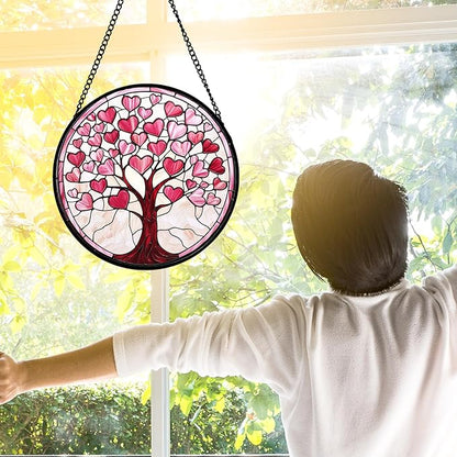DASTOLL Stained Glass Window Hanging, Pink Love Heart Tree Suncatcher Hangings Beige Sun Catchers Decor for Birthday Holiday for Women, Men, Wife, Aunt, Mom 9.8IN