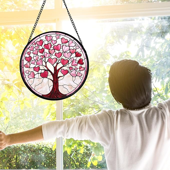 DASTOLL Stained Glass Window Hanging, Pink Love Heart Tree Suncatcher Hangings Beige Sun Catchers Decor for Birthday Holiday for Women, Men, Wife, Aunt, Mom 11.8IN