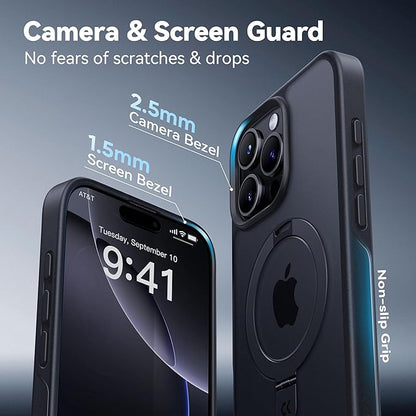 CASEKOO Designed for iPhone 16 Pro Case with Magnetic Invisible Stand [Military Drop Protection] [Compatible with MagSafe] Shockproof Slim Matte Translucent Case 6.3 Inch, Black