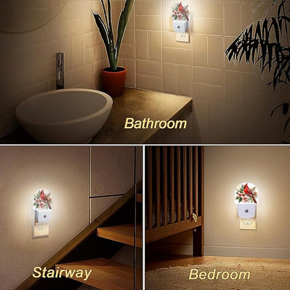 YESPOAK Night Light,Red Cardinal Bird Flowers Night Lights Plug Into Wall for Bedroom Bathroom Kitchen Hallway Stairs Hallway, Plug-in, Energy Efficient Decor Desk Lamp Gifts