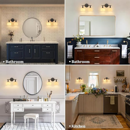 Shenmoyl Bathroom Light Fixtures, 2-Light Black Vanity Wall Light Over Mirror with White Tulip Glass Shade for Bedroom Living Room (Bulb Not Included)