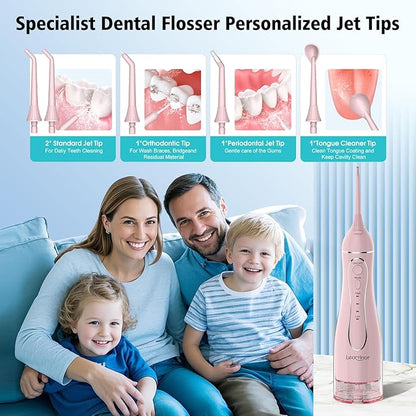 Leominor Water Flosser Pick for Teeth, 300ML Portable Oral Irrigator Upgraded Tank Removable,IPX7 Waterproof, Rechargeable Travel Teeth Cleaner, Professional Electric Flossing Machine (Pink)