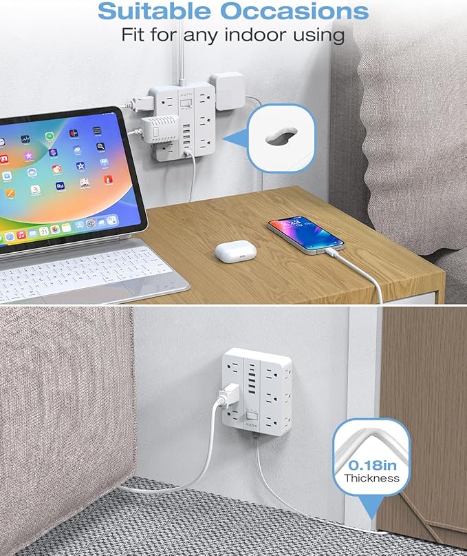AOFO 10FT Surge Protector Power Strip,12 AC Outlets with 6 USB Ports (2 USB-C), Flat Plug Extension Cord with Multiple Outlets, Wall Mount for Home Office,Dorm,White
