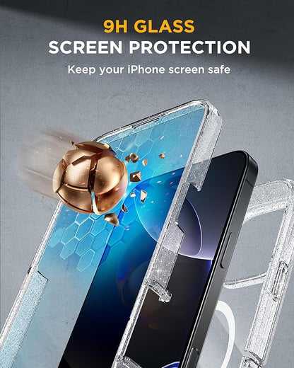 Miracase for iPhone 16 Pro Max Case 6.9'', [Bubble Free] Full-Body Bumper Phone case with Built-in Full Glass Screen &Lens Protector,Compatible with MagSafe,Drop Proof 16 Pro Max Cover,Clear Glitter
