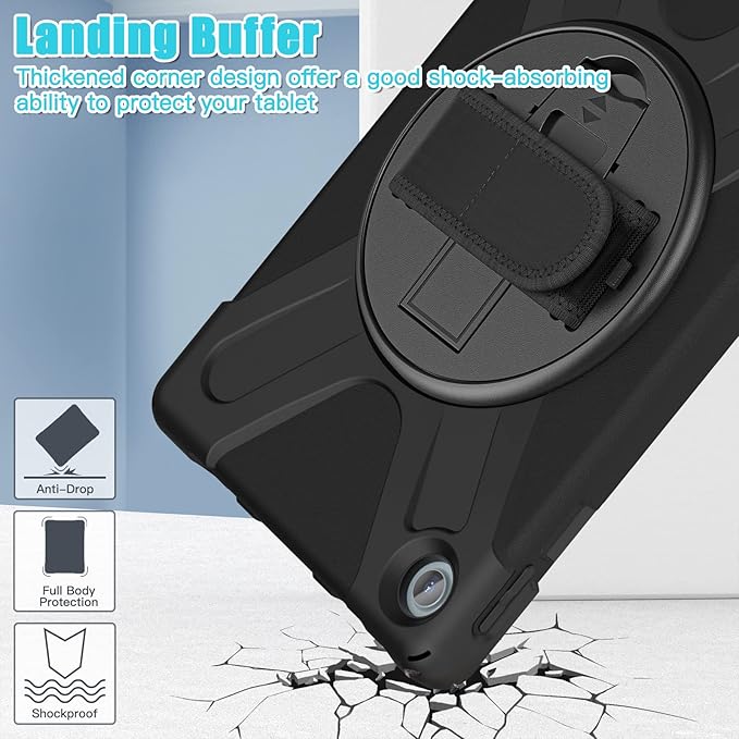 Junfire Shockproof Case for Lenovo Tab M10 Plus 3rd Gen 10.6" 2022, Heavy Duty Rugged Case with Hand Strap/360°Rotating Kickstand/Shoulder Belt for TB-125F/TB-128F, Black