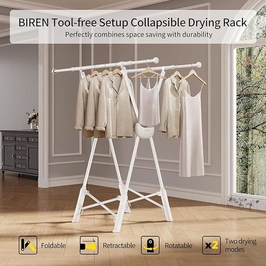 BIREN Clothes Drying Rack Heavy Duty Clothing Racks Foldable Laundry Rack Two Drying Modes Garment Racks for Drying Clothes, Adjustable Length from 32-55 Inches for Indoor Outdoor Use