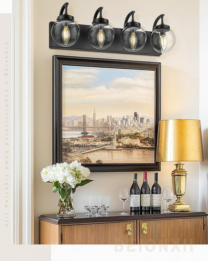 Beionxii 4-Light Bathroom Light Fixtures, Black Bathroom Vanity Light with Clear Glass Shade, Modern Vanity Lighting Fixtures Over Mirror Living Room Hallway, BX-VL03MB-4CG