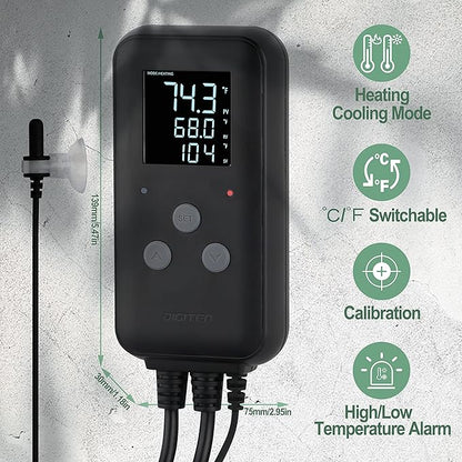 DIGITEN Waterproof Digital Temperature Controller for Aquarium, Greenhouse & Outdoor Heating - 10A Heat Mat Thermostat Controller