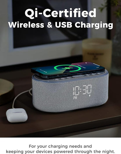 Odokee Wireless Charging Alarm Clock Radio: Qi Certified Fast Wireless Charger for iPhone Samsung - 10W Stereo Bluetooth Speaker - Dimmable Digital Clock with FM Radio for Bedroom Gray
