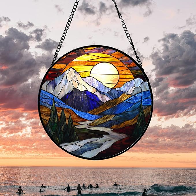 AMDERVEN Stained Glass Window Hanging, Yellow Blue Sunset Mountains Scenery Sun Catcher for Window Home Decor Landscape Suncatcher Mother's Day Birthday Gifts for Women Men Mom and Nana 7.8 in