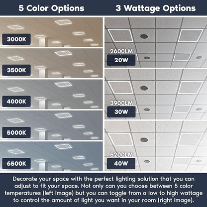 LED Energy Plus 2x2 FT Edge-Lit Frame LED Panel Lights,5CCT Selectable 3000K-6500K, 2600/3900/5200LM,20W/30W/40W Switch, Grid Drop Ceiling Lights,0-10V Dimmable,Damp Rated,100-277V,ETL Listed (4 Pack)