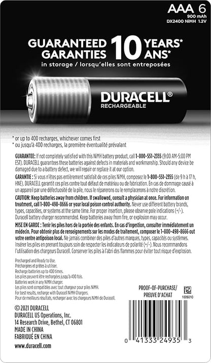 Duracell Rechargeable AAA Batteries, 6 Count (Pack of 1) Triple A Battery for Long-lasting Power, All-Purpose Pre-Charged Battery for Household and Business Devices