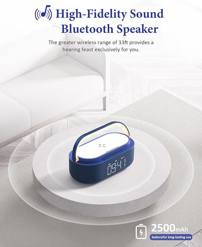 COLSUR Bluetooth Speaker Alarm Clock with Wireless Charger, FM Radio, Adjustable LED Night Light, 6 in 1 Bedroom Portable Speaker 2500mAh, Phone Stand for Bedside, Home, Office, Gift (Blue)