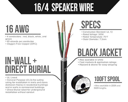 Voltive 16/4 Speaker Wire, in-Wall CL3 & Direct Burial, Black, 100ft - 16AWG, 4 Conductors, Stranded Oxygen-Free Copper, UL Listed - V-1211-1